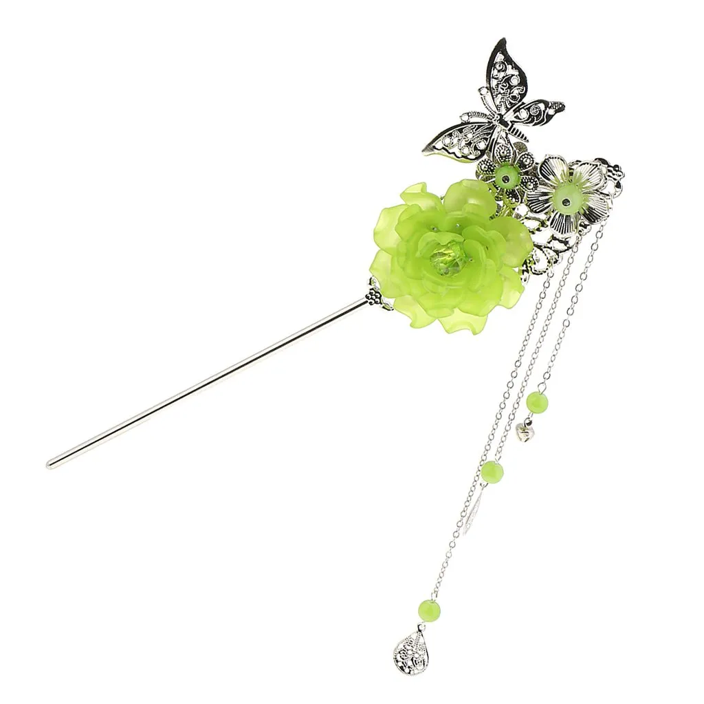 Metal Silver Charm Three Pendants Tassel Stick Tassel Hairpin green