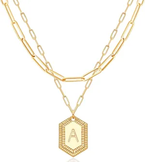 MEVECCO Dainty Gold Initial Necklace for Women 18K Gold Plated Layered Paperclip Link Chain Necklace Personalized Cute Hexagon Letters for Women Everyday Wear Jewelry
