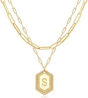 MEVECCO Dainty Gold Initial Necklace for Women 18K Gold Plated Layered Paperclip Link Chain Necklace Personalized Cute Hexagon Letters for Women Everyday Wear Jewelry