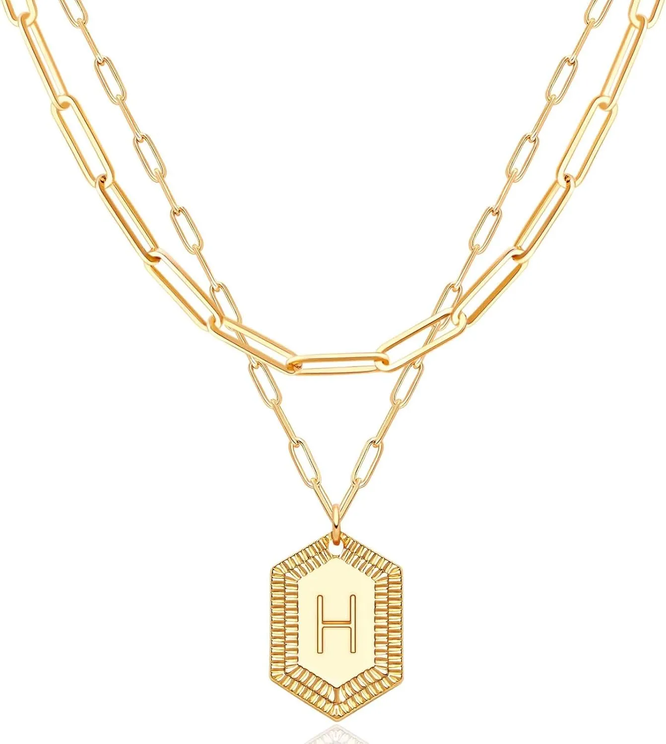 MEVECCO Dainty Gold Initial Necklace for Women 18K Gold Plated Layered Paperclip Link Chain Necklace Personalized Cute Hexagon Letters for Women Everyday Wear Jewelry