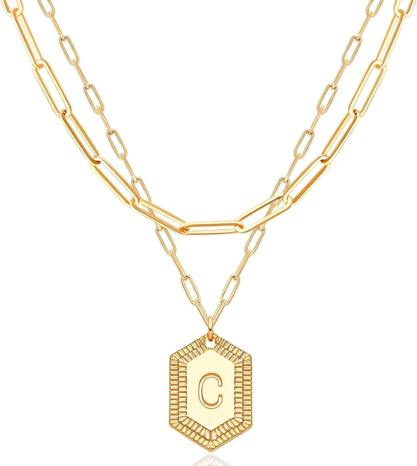 MEVECCO Dainty Gold Initial Necklace for Women 18K Gold Plated Layered Paperclip Link Chain Necklace Personalized Cute Hexagon Letters for Women Everyday Wear Jewelry