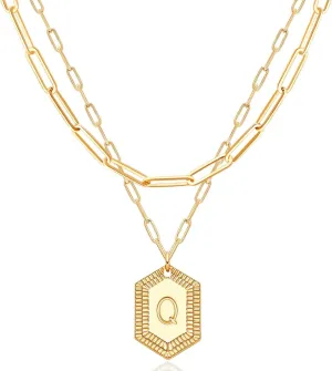 MEVECCO Dainty Gold Initial Necklace for Women 18K Gold Plated Layered Paperclip Link Chain Necklace Personalized Cute Hexagon Letters for Women Everyday Wear Jewelry
