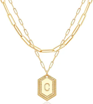 MEVECCO Dainty Gold Initial Necklace for Women 18K Gold Plated Layered Paperclip Link Chain Necklace Personalized Cute Hexagon Letters for Women Everyday Wear Jewelry