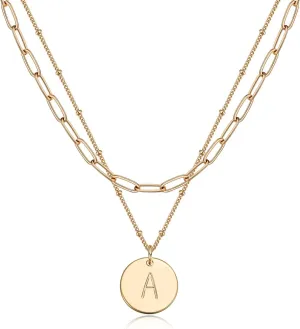 MEVECCO Gold Initial Necklaces For Women 18K Gold Plated Minimalist Double Layered Letter Necklace Personalized Paperclip Link Chain Chokers Dainty Jewelry Gift For Her