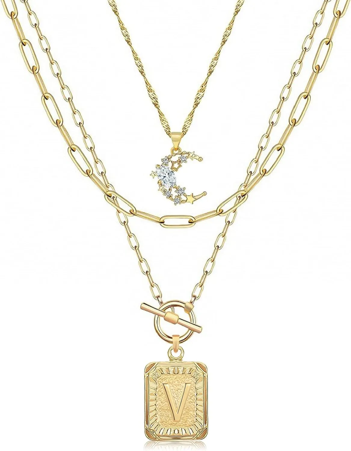 MJartoria Layered Initial Necklaces for Women Trendy, 14K Gold Plated Simple Moon Choker Square Letter Pendant Necklace, Paperclip Chain Necklace, Gold Necklaces Jewelry Gifts
