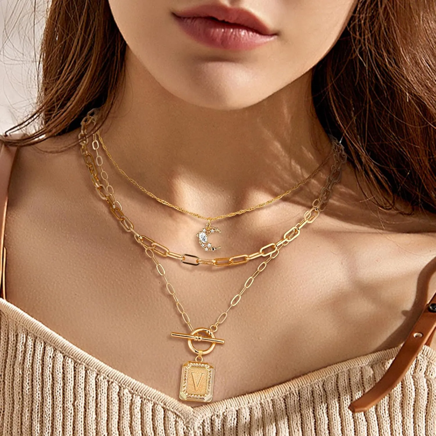 MJartoria Layered Initial Necklaces for Women Trendy, 14K Gold Plated Simple Moon Choker Square Letter Pendant Necklace, Paperclip Chain Necklace, Gold Necklaces Jewelry Gifts