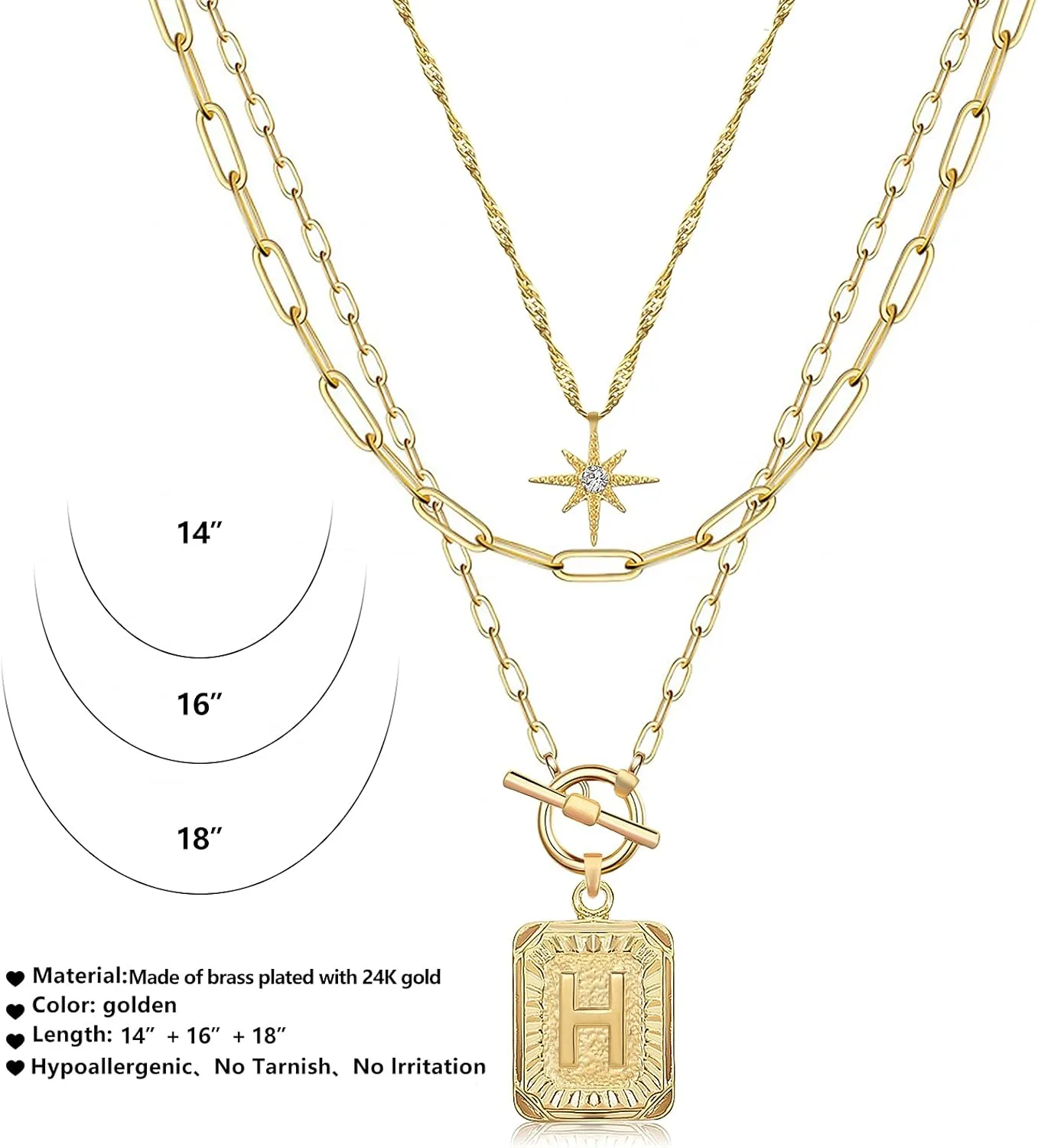 MJartoria Layered Initial Necklaces for Women Trendy, 14K Gold Plated Simple Star Choker Square Letter Pendant Necklace, Paperclip Chain Necklace, Gold Necklaces Jewelry Gifts