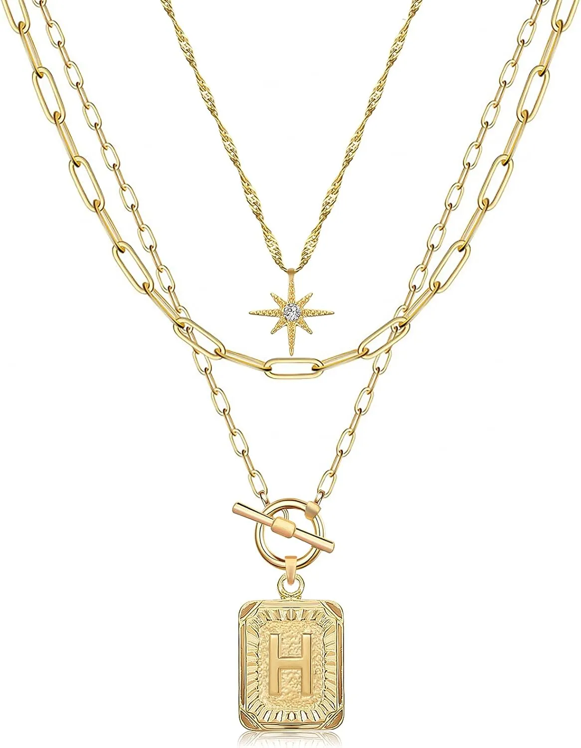 MJartoria Layered Initial Necklaces for Women Trendy, 14K Gold Plated Simple Star Choker Square Letter Pendant Necklace, Paperclip Chain Necklace, Gold Necklaces Jewelry Gifts