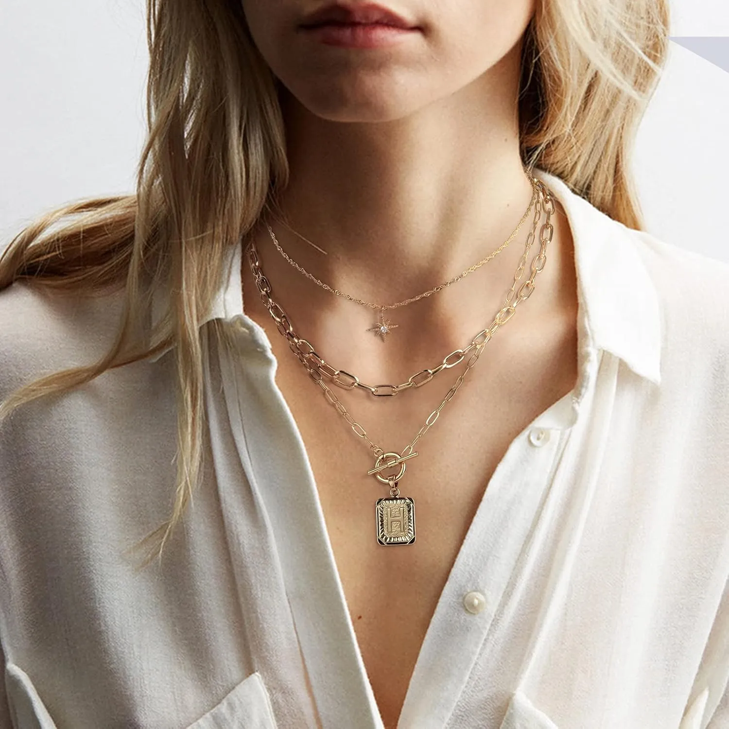 MJartoria Layered Initial Necklaces for Women Trendy, 14K Gold Plated Simple Star Choker Square Letter Pendant Necklace, Paperclip Chain Necklace, Gold Necklaces Jewelry Gifts