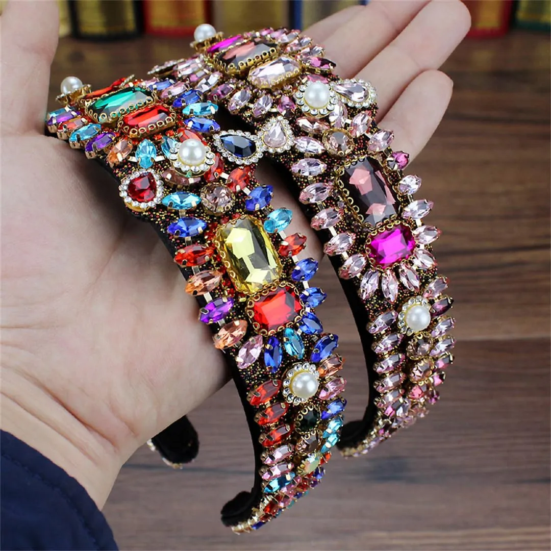 Mokkpeq Colorful Glitter Rhinestone Crystal Headbands for Women Girls Bridal Wide Padded Hairbands Fashion Elastic Hair Hoop