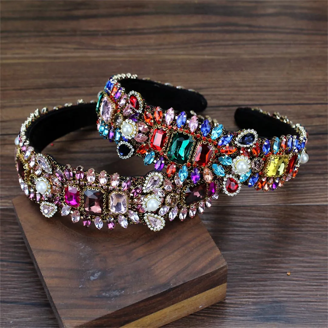 Mokkpeq Colorful Glitter Rhinestone Crystal Headbands for Women Girls Bridal Wide Padded Hairbands Fashion Elastic Hair Hoop