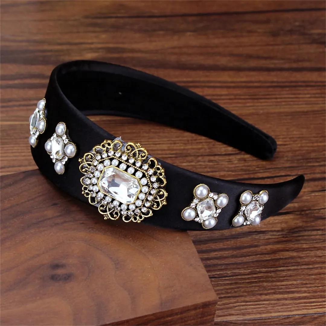 Mokkpeq Women Glitter Crystal Pearl Wide Headband for Wedding Party Vintage Non-Slip Fashion Jeweled Hair Hoop