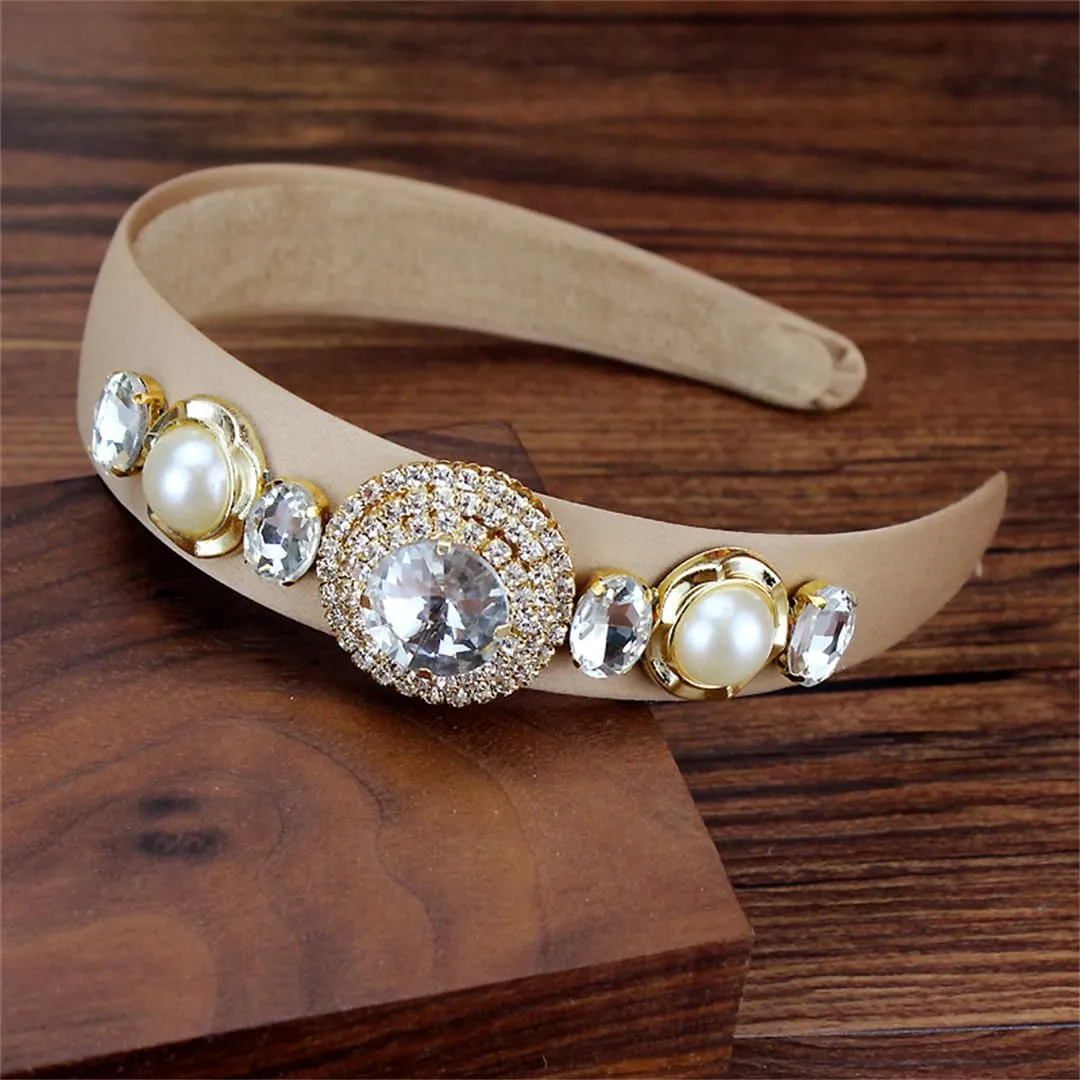 Mokkpeq Women Glitter Crystal Pearl Wide Headband for Wedding Party Vintage Non-Slip Fashion Jeweled Hair Hoop