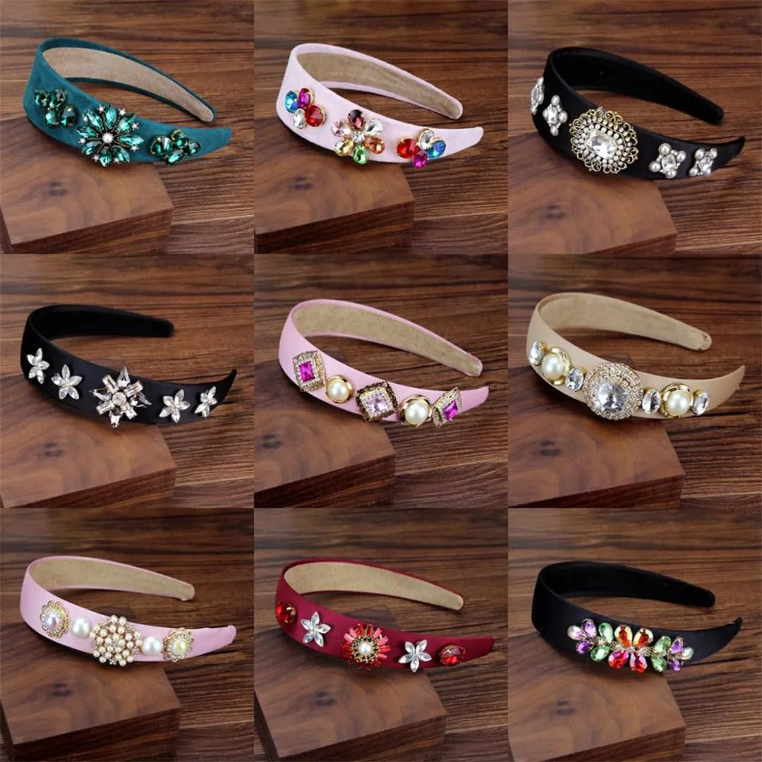Mokkpeq Women Glitter Crystal Pearl Wide Headband for Wedding Party Vintage Non-Slip Fashion Jeweled Hair Hoop