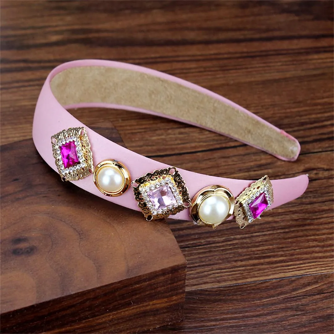 Mokkpeq Women Glitter Crystal Pearl Wide Headband for Wedding Party Vintage Non-Slip Fashion Jeweled Hair Hoop