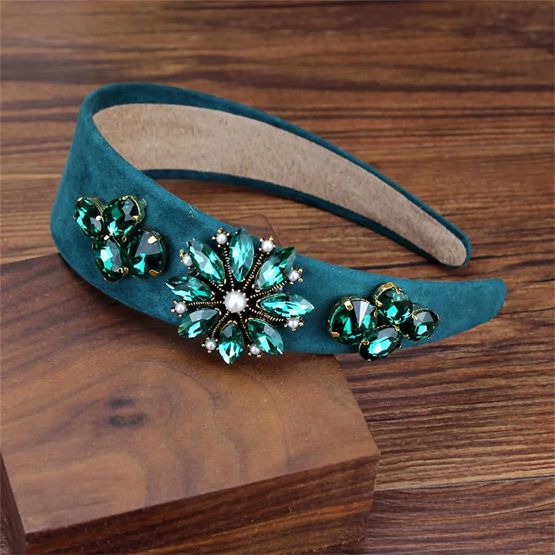 Mokkpeq Women Glitter Crystal Pearl Wide Headband for Wedding Party Vintage Non-Slip Fashion Jeweled Hair Hoop