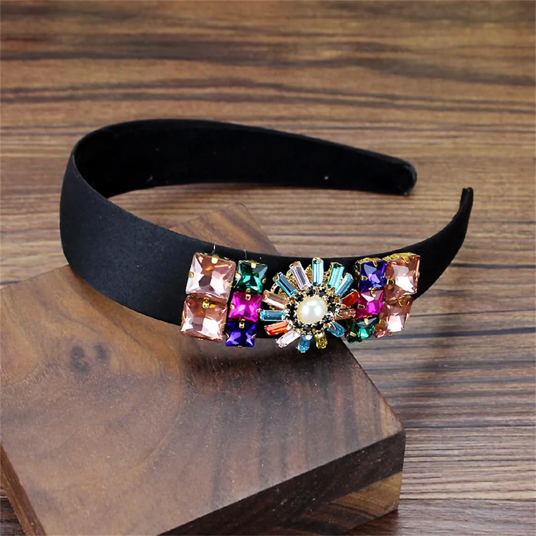 Mokkpeq Women Glitter Crystal Pearl Wide Headband for Wedding Party Vintage Non-Slip Fashion Jeweled Hair Hoop