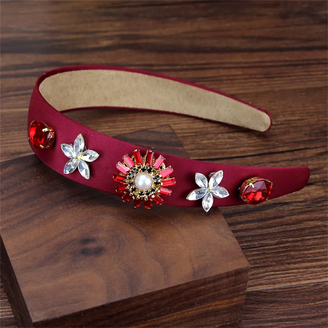 Mokkpeq Women Glitter Crystal Pearl Wide Headband for Wedding Party Vintage Non-Slip Fashion Jeweled Hair Hoop