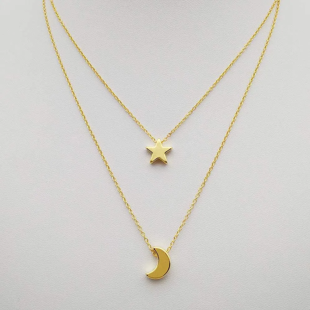 Moon Star Necklace for Lady Layered Double Layered Pendant Necklaces Dainty Chain Necklace Fashion Jewelry Lady (Gold, One Size)