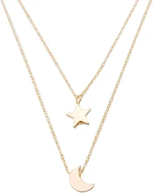 Moon Star Necklace for Lady Layered Double Layered Pendant Necklaces Dainty Chain Necklace Fashion Jewelry Lady (Gold, One Size)