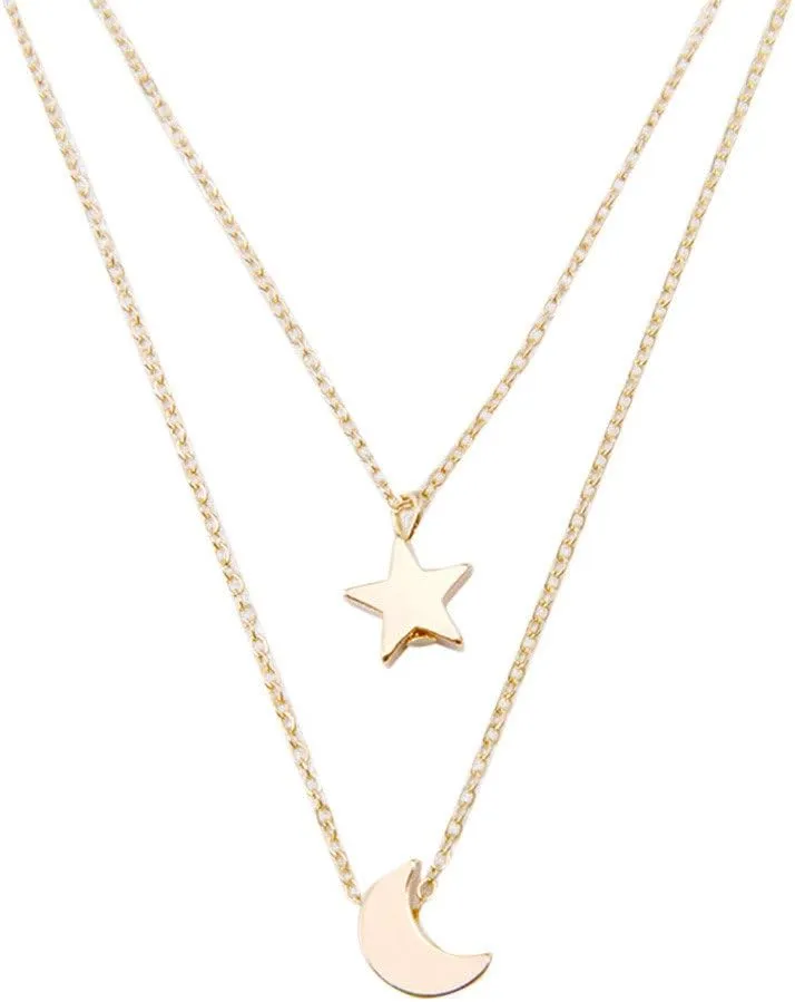Moon Star Necklace for Lady Layered Double Layered Pendant Necklaces Dainty Chain Necklace Fashion Jewelry Lady (Gold, One Size)