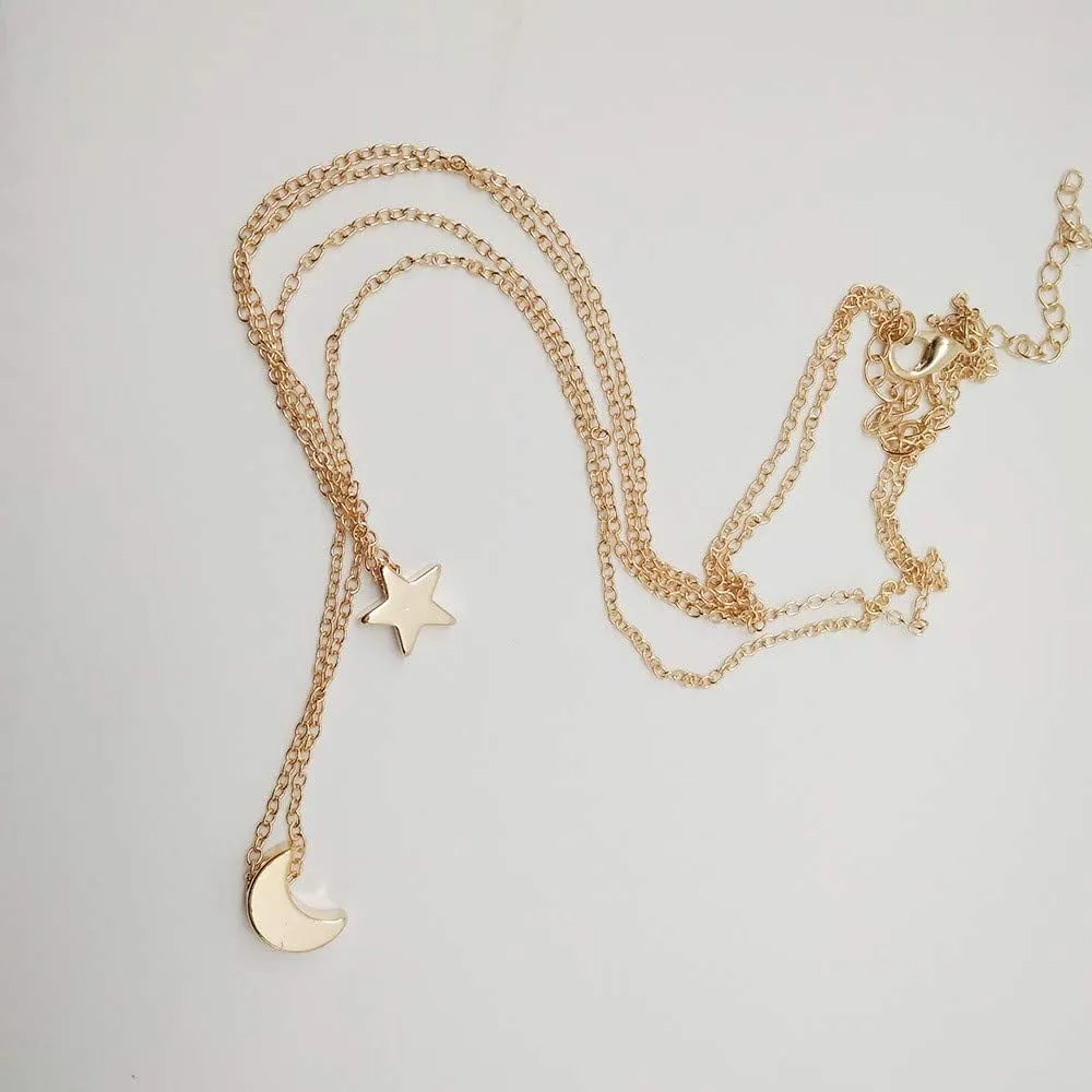 Moon Star Necklace for Lady Layered Double Layered Pendant Necklaces Dainty Chain Necklace Fashion Jewelry Lady (Gold, One Size)