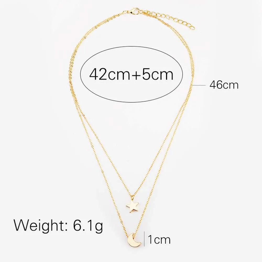 Moon Star Necklace for Lady Layered Double Layered Pendant Necklaces Dainty Chain Necklace Fashion Jewelry Lady (Gold, One Size)