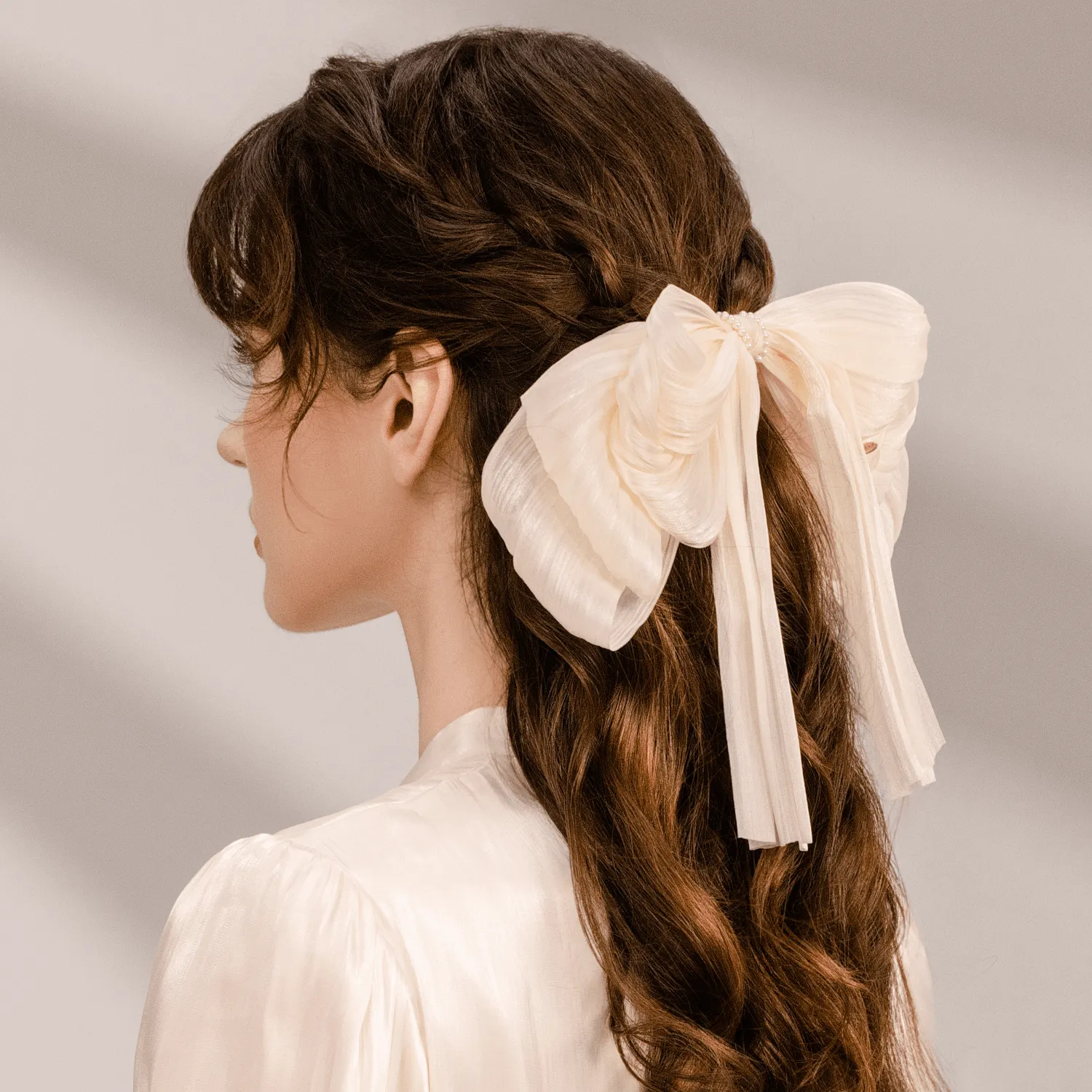Moonlight Organza Pearl Extra Large Hair Barrette (4 Layered Bow & 2 Strands)