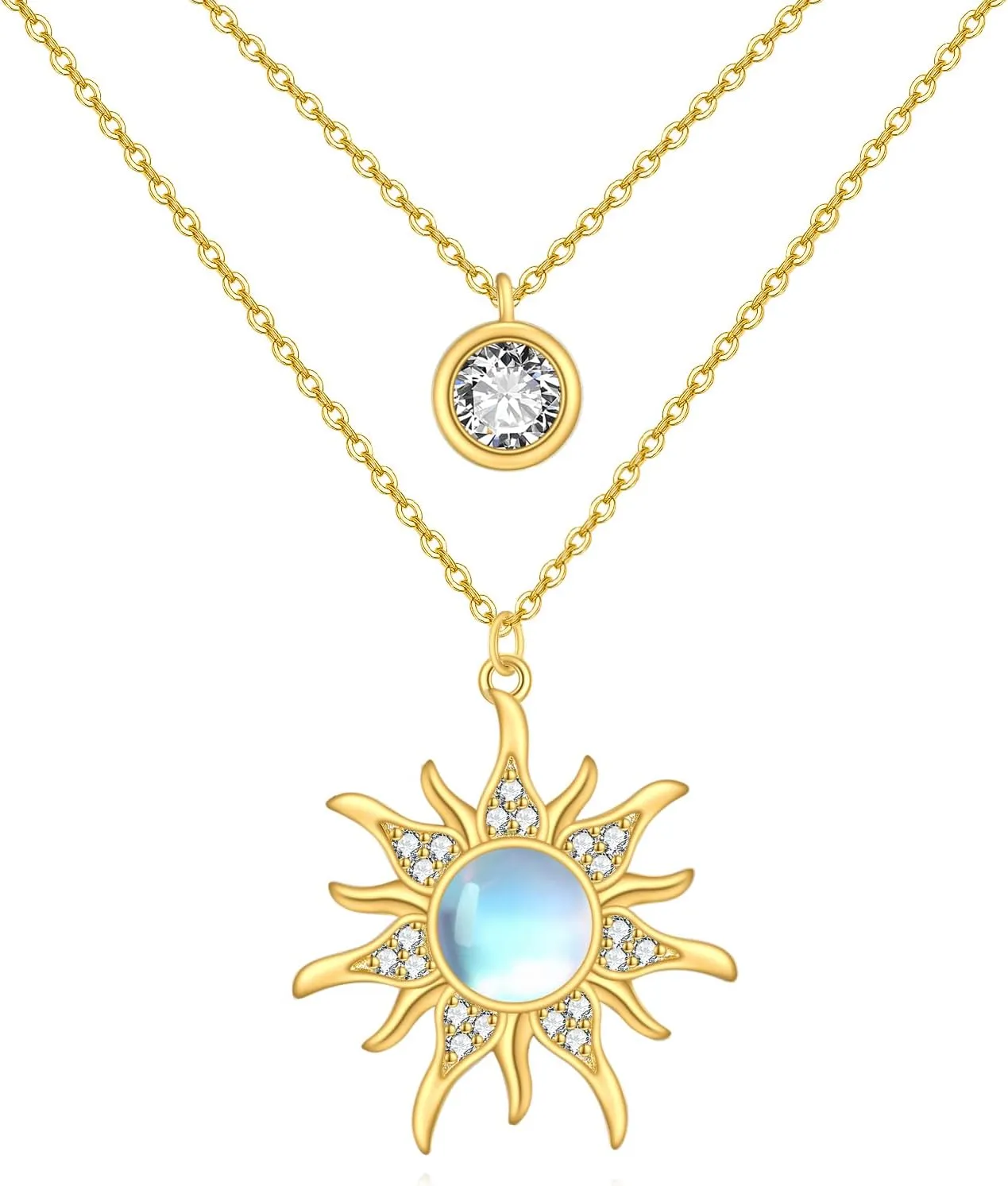 Moonstone Sun Layered Necklace 14K Gold Plated Sterling Silver Sun Pendant Gold Plated Sun Layered Jewelry Gifts for Women