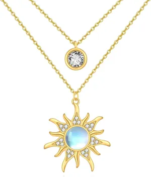 Moonstone Sun Layered Necklace 14K Gold Plated Sterling Silver Sun Pendant Gold Plated Sun Layered Jewelry Gifts for Women