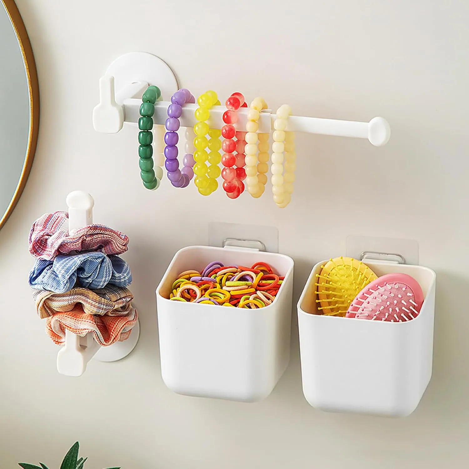 MORNITE 4-Pack Adhesive Headband Holder Organizer, Stretchable Wall Scrunchie Storage for Hair Ties, Hairbands, Claw Clips, Hair Brushes, Makeup Accessories, White