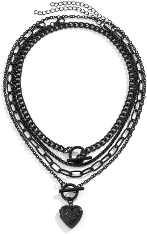 Multi-layered Goth Chain Choker Necklace with Star Heart Disc Charm,Black Gothic Punk Grunge Necklace Collar Bib Y2k Vintage Punk Jewelry Cool Rock Accessories for Women