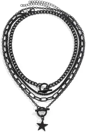 Multi-layered Goth Chain Choker Necklace with Star Heart Disc Charm,Black Gothic Punk Grunge Necklace Collar Bib Y2k Vintage Punk Jewelry Cool Rock Accessories for Women