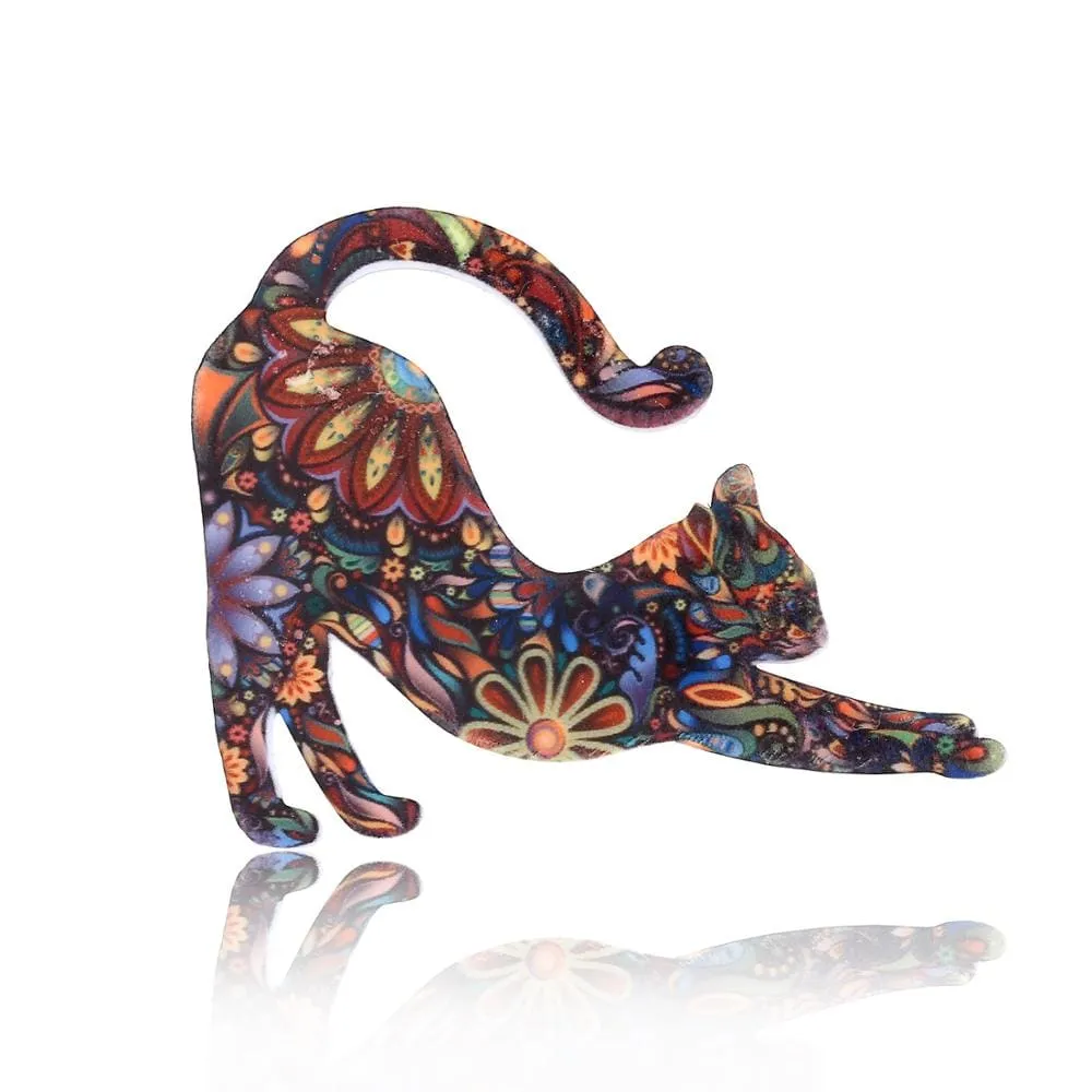 Multicolor Flowery Backpack Cat Brooch