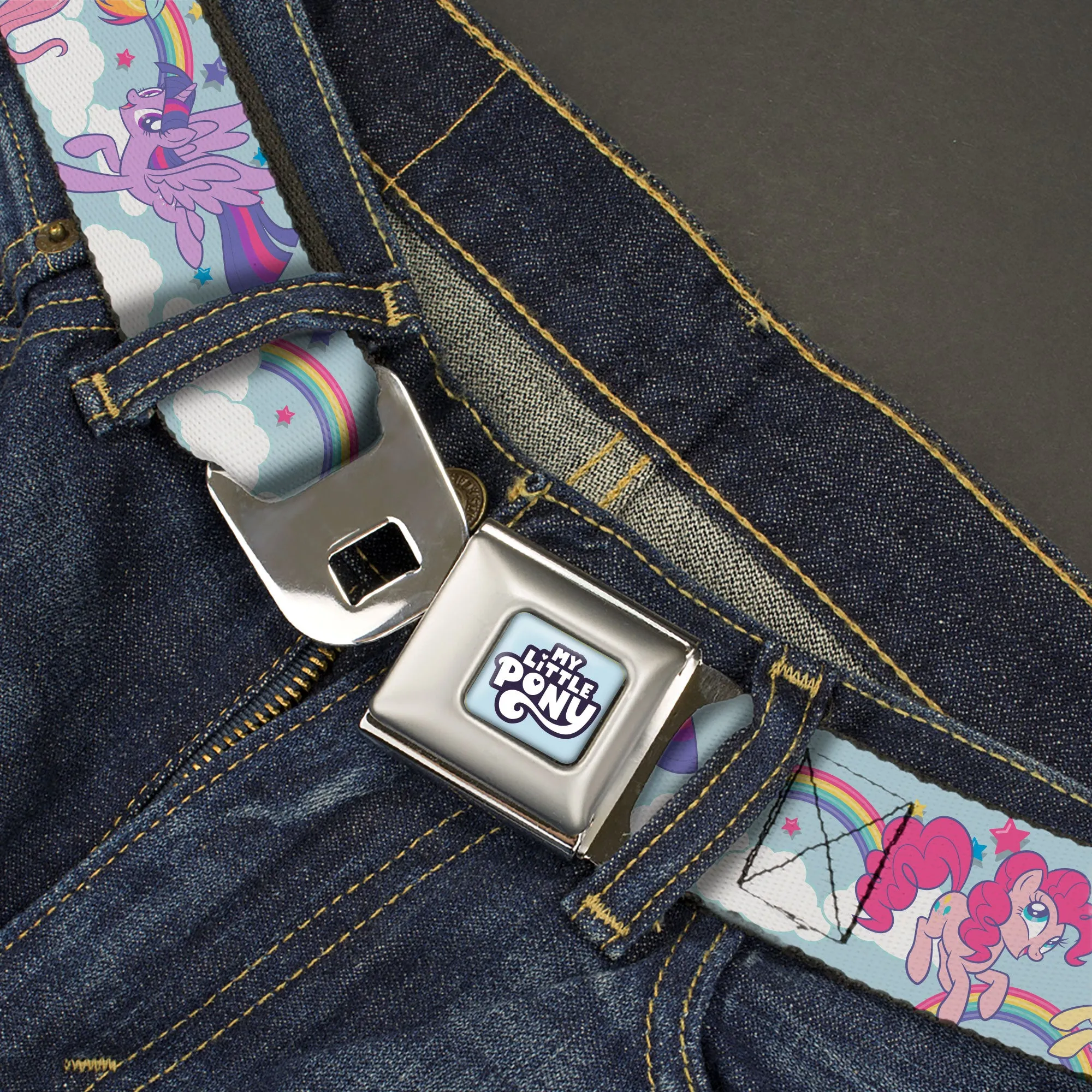 My Little Pony 4-Pony Group Pose and Rainbows Full Color Sky Blue Seatbelt Belt - MY LITTLE PONY Title Logo Full Color Sky Blue Webbing