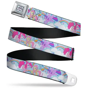 My Little Pony 4-Pony Group Pose and Rainbows Full Color Sky Blue Seatbelt Belt - MY LITTLE PONY Title Logo Full Color Sky Blue Webbing