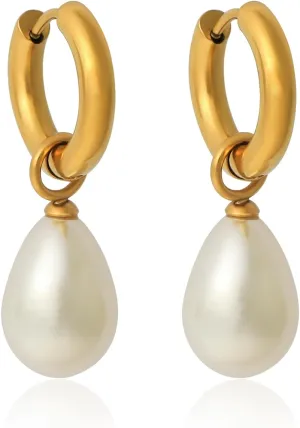 Natural Freshwater Pearl Lever Back Earring for Women 18k Real Gold Plated Huggie Hoop Earring Natural Gemstone Pearl Bead Drop Jewelry Gift for Wife Girlfriend Daughter