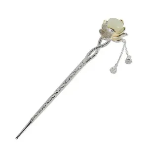 Natural Hetian White Jade Lotus Hairpin Tassel Chinese Style Retro Craft Jewelry white