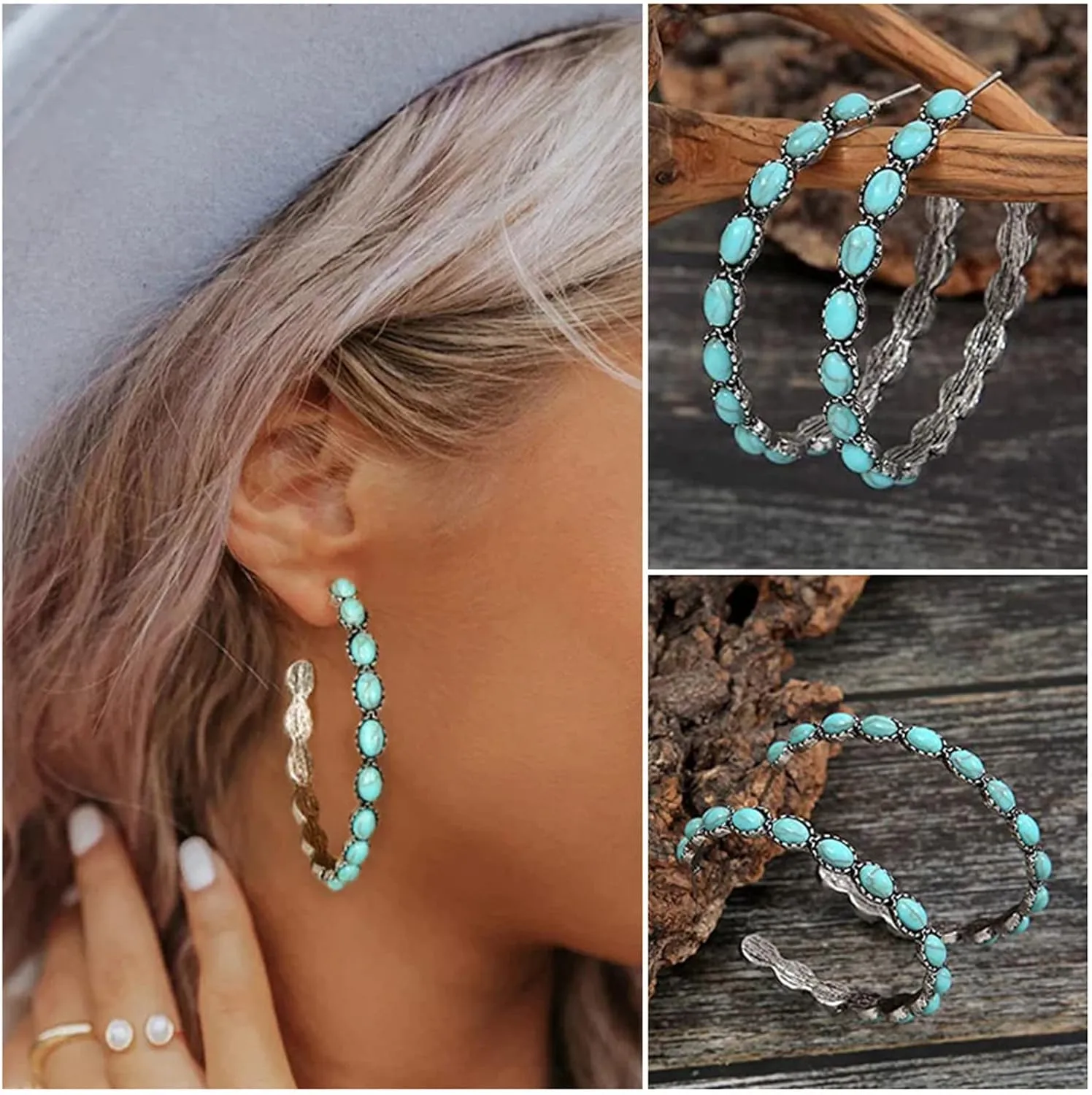Natural Turquoise Dangle Metal Large Oval Earrings Vintage Earrings Bohemian Hoop Earrings Dainty For Women Girls