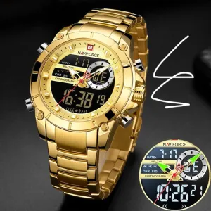 NAVIFORCE Men Military Sport Wrist Watch Gold Quartz Steel Waterproof Dual Display Male Clock Watches Relogio Masculino 9163