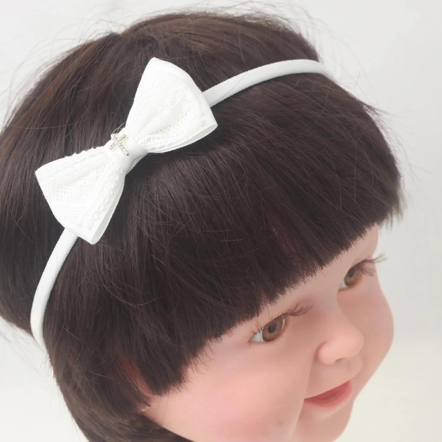 Nihao Baby White Baptism Cotton Lace Headband with Cross and Floral White Cotton Fabric Headband for Baby Girls