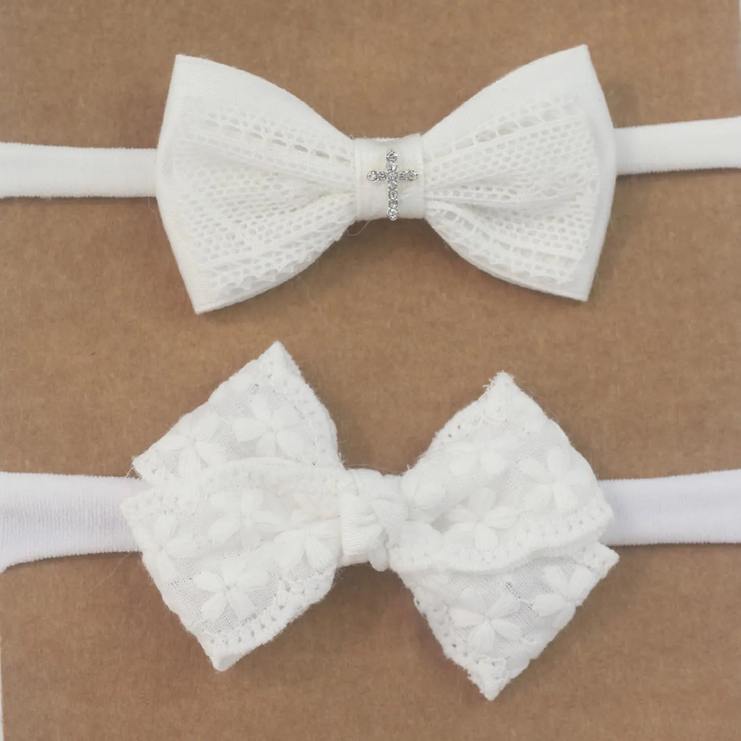 Nihao Baby White Baptism Cotton Lace Headband with Cross and Floral White Cotton Fabric Headband for Baby Girls