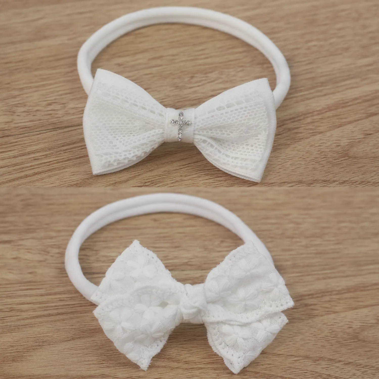 Nihao Baby White Baptism Cotton Lace Headband with Cross and Floral White Cotton Fabric Headband for Baby Girls