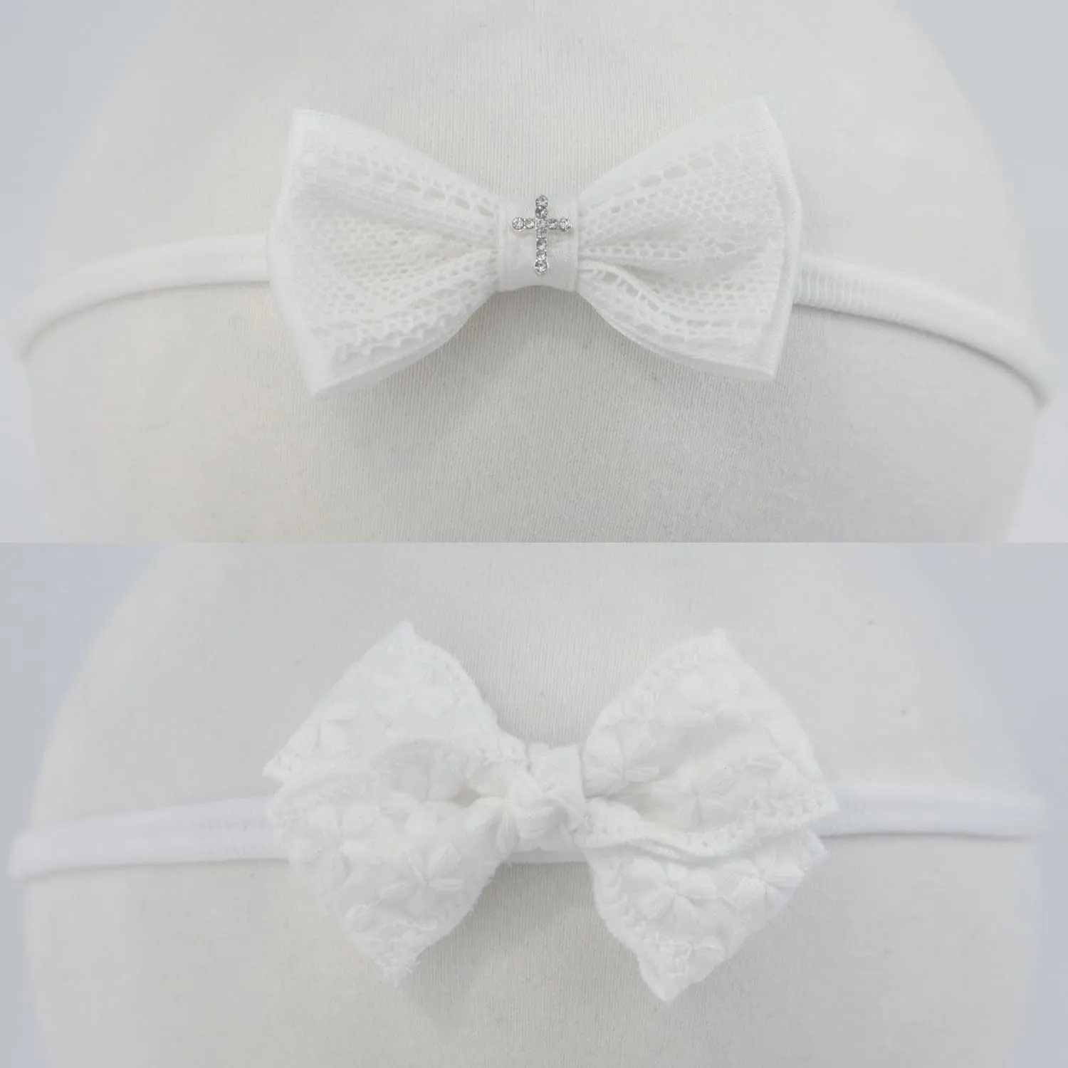Nihao Baby White Baptism Cotton Lace Headband with Cross and Floral White Cotton Fabric Headband for Baby Girls