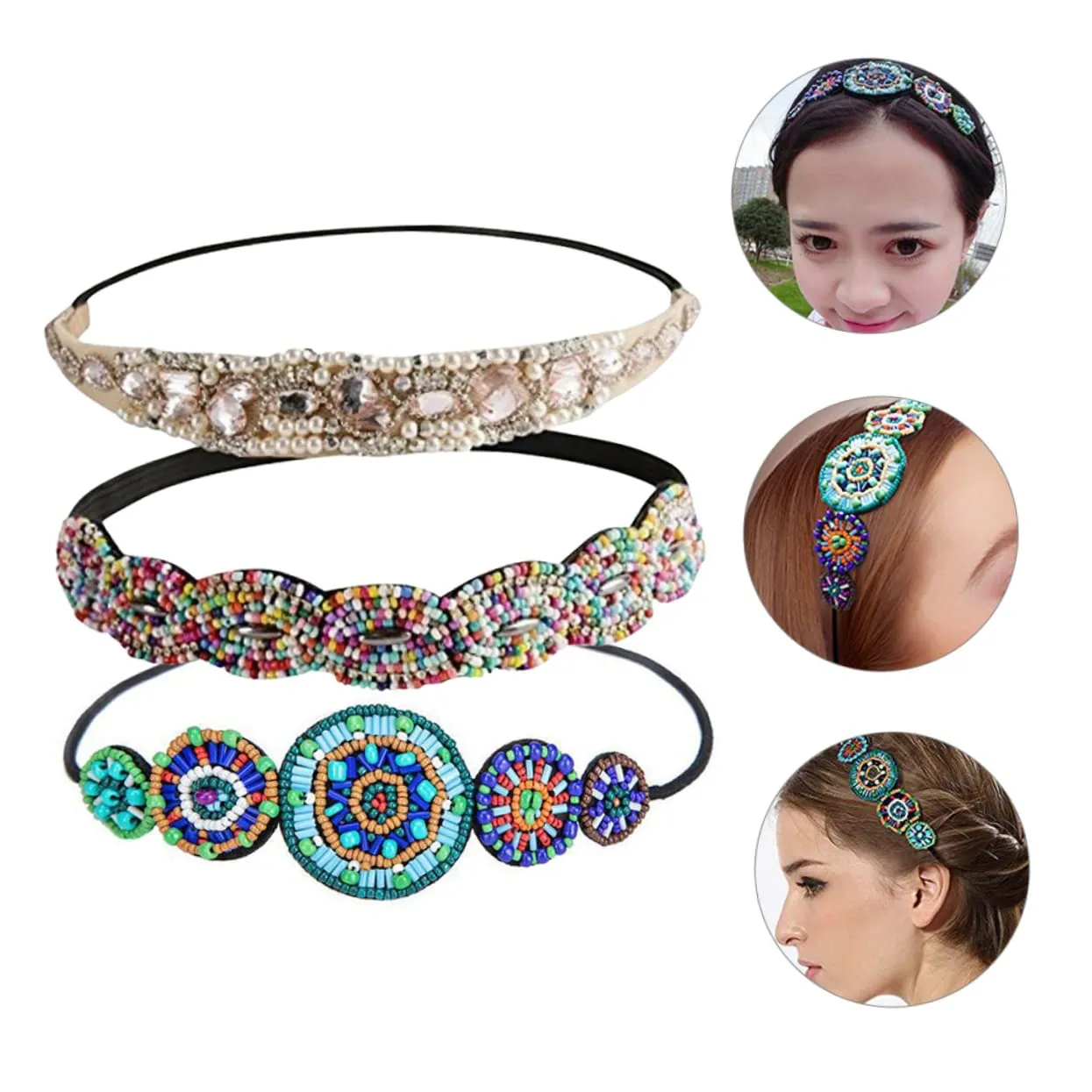 NOLITOY Workout Headband for Women Elastic Rhinestone Beaded Headband for Dance Party Event