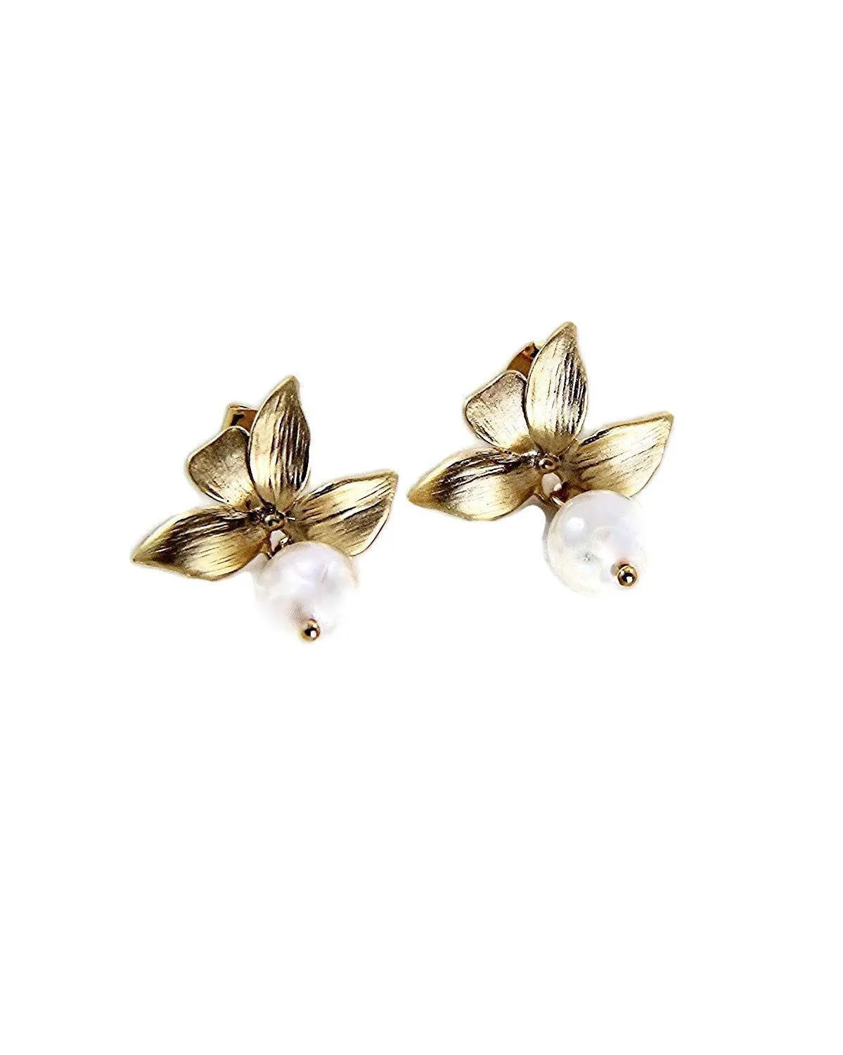 Orchid Flower Stud Earrings, White Crystal Swarovski Pearl Earrings, Gold Flower Posts, Earrings for Women, Handmade Pearl Earrings, Jewelry Inspirations