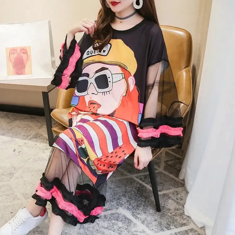 Oversized Flare Sleeves Cartoon T-Shirt Dress