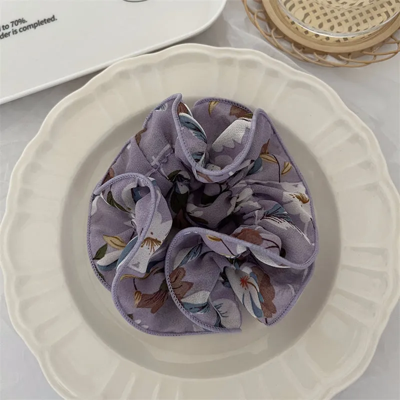 Oversized Scrunchie Floral Print Pleated Chiffon Hair Bands Elastic Ponytail for Women