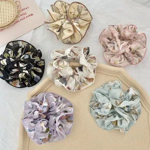 Oversized Scrunchie Floral Print Pleated Chiffon Hair Bands Elastic Ponytail for Women