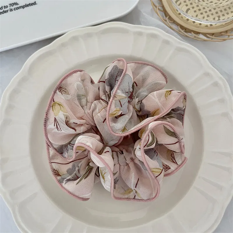 Oversized Scrunchie Floral Print Pleated Chiffon Hair Bands Elastic Ponytail for Women